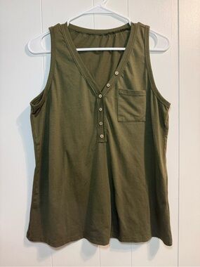 Emery Rose Woman’s L Olive Green Sleeveless Henley Tank Top, Gorpcore, summer